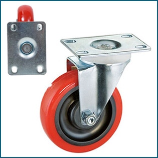Top and side view of caster with plate mount